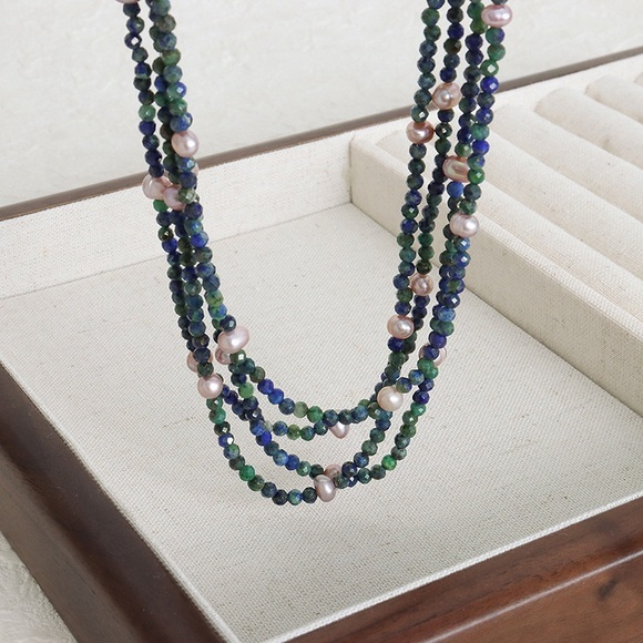 18K Gold Plated Lapis Necklace*Pink Pearl*Lapis Lazuli*Gemstone Necklace - Picture 7 of 8